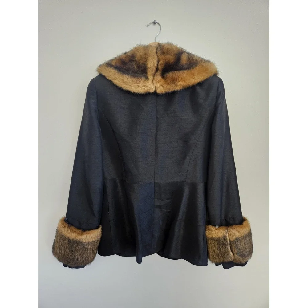 ASHRO Black Blazer Jacket Sz 8 Faux Fur‎ Collar Cuffs Rhinestone Clasp Formal... - Picture 3 of 6